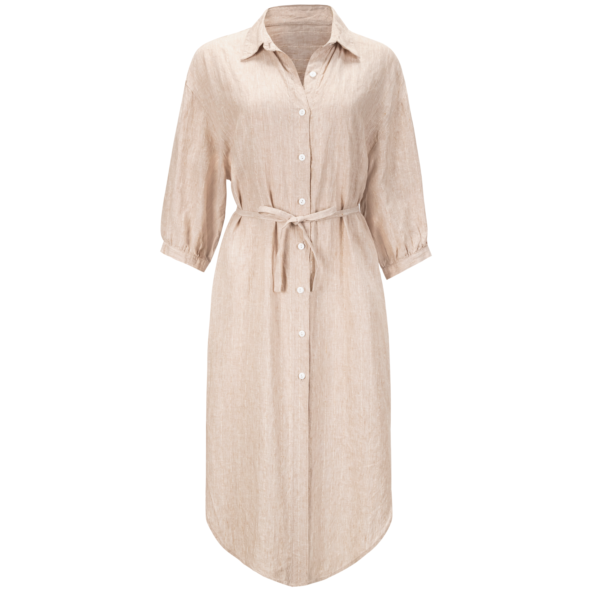 front view of a beige puff sleeve shirt dress