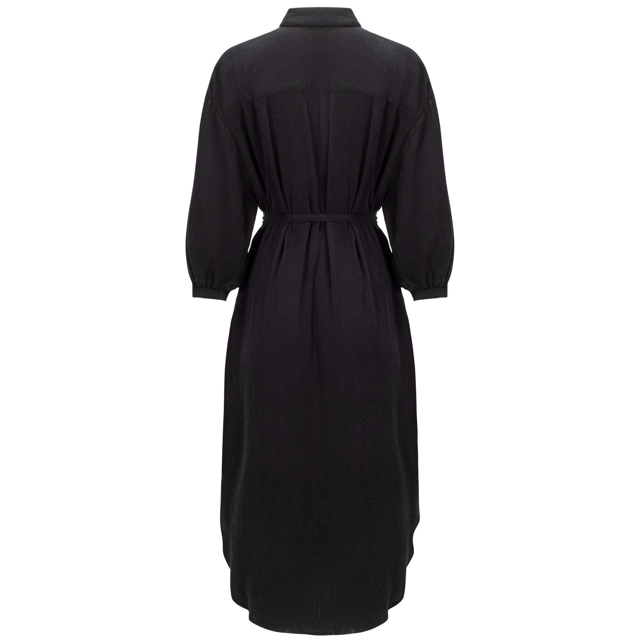 back view of a black puff sleeve shirt dress