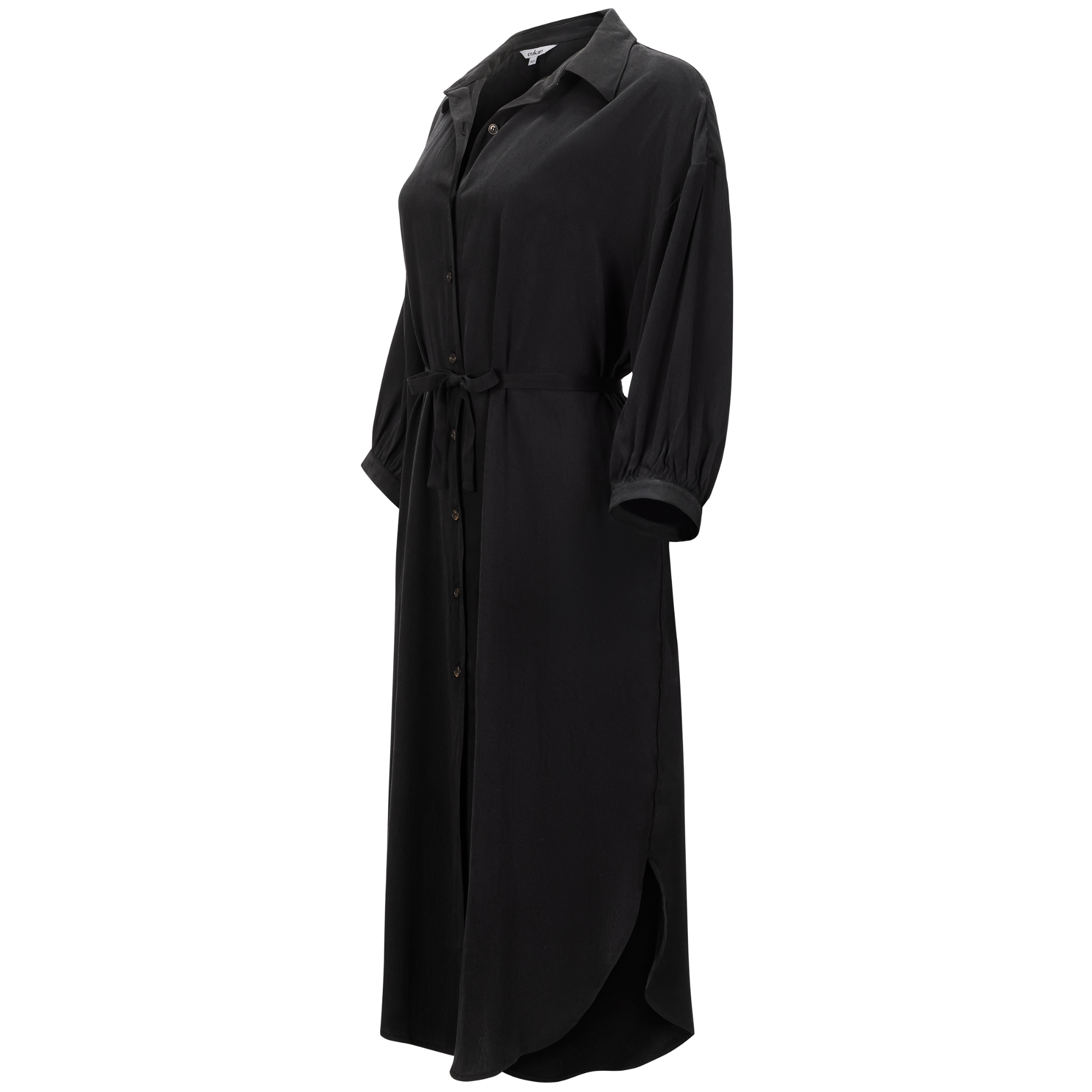 side view of a black puff sleeve shirt dress