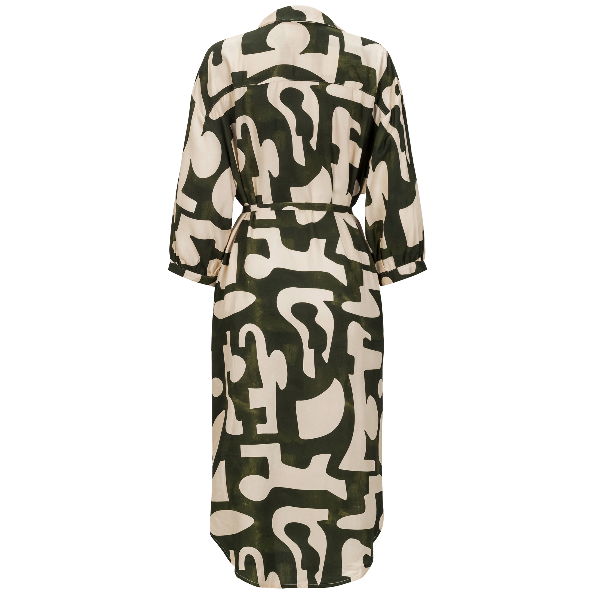 back view of a green printed puff sleeve shirt dress