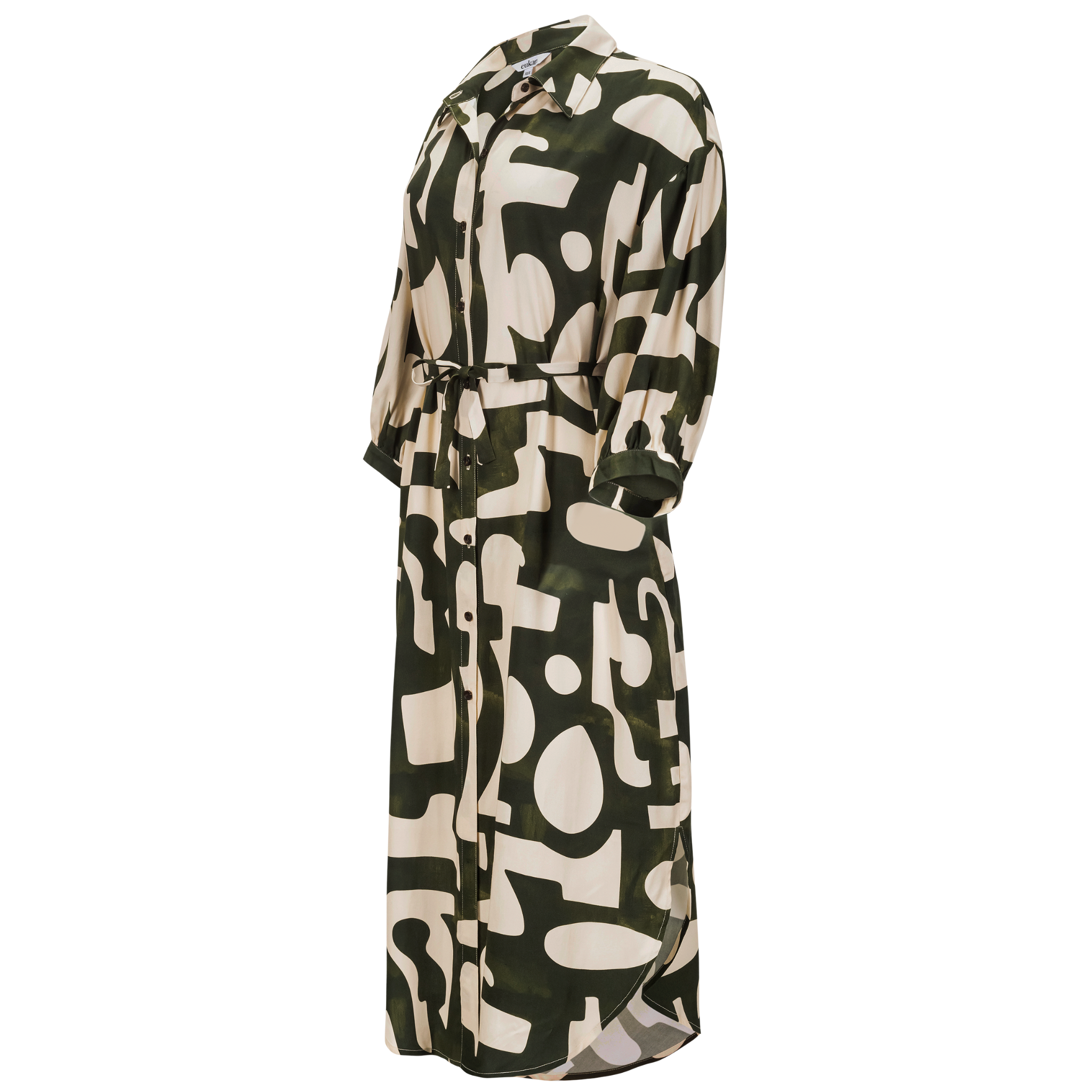 side view of a green printed puff sleeve shirt dress