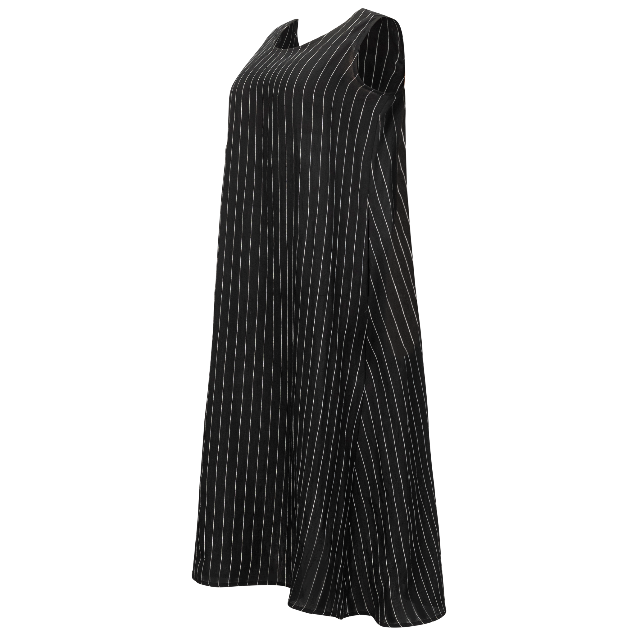 side view of a black sleeveless midi dress