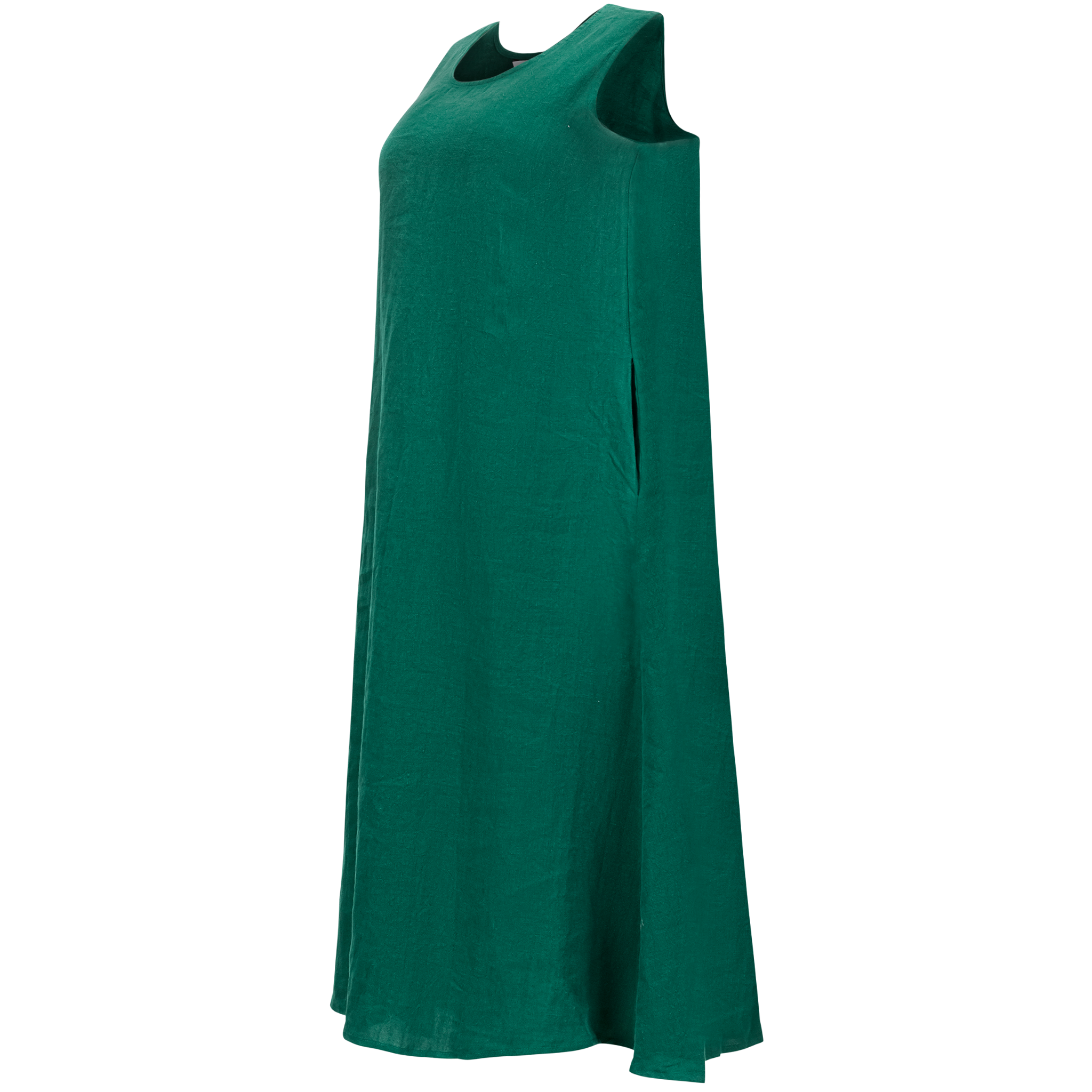 side view of an emerald sleeveless midi dress