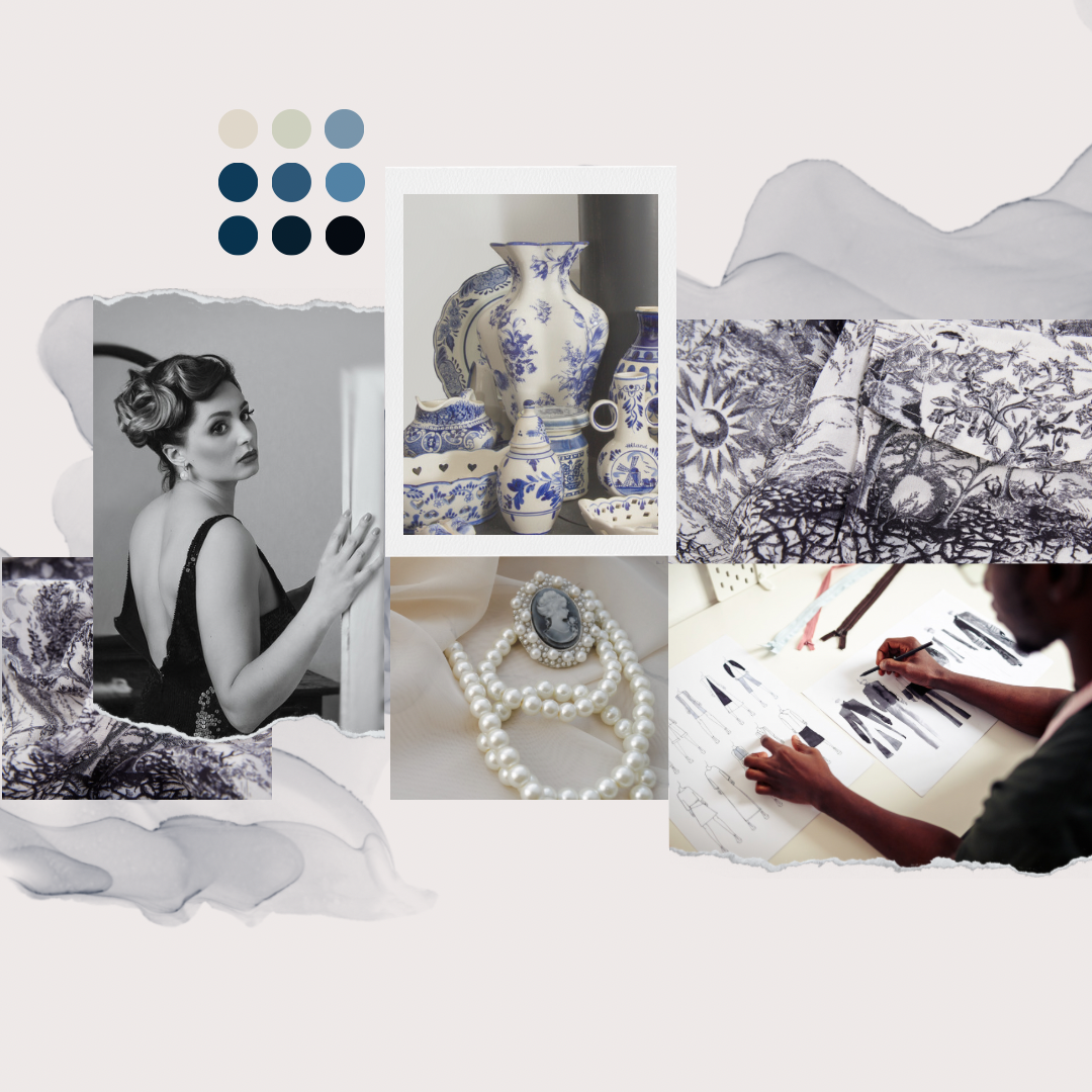 various images overlaid on a pale background displaying style inspirations and color palette