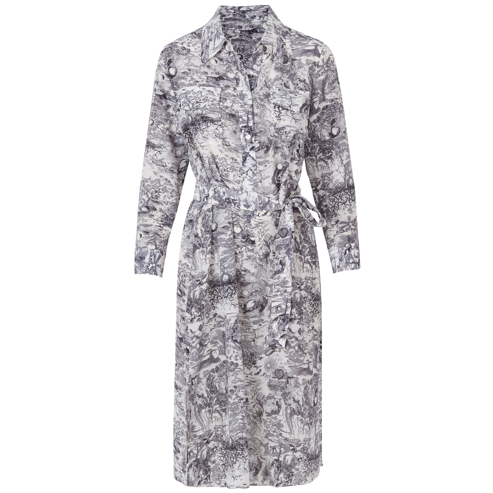 front view of a printed silk dress
