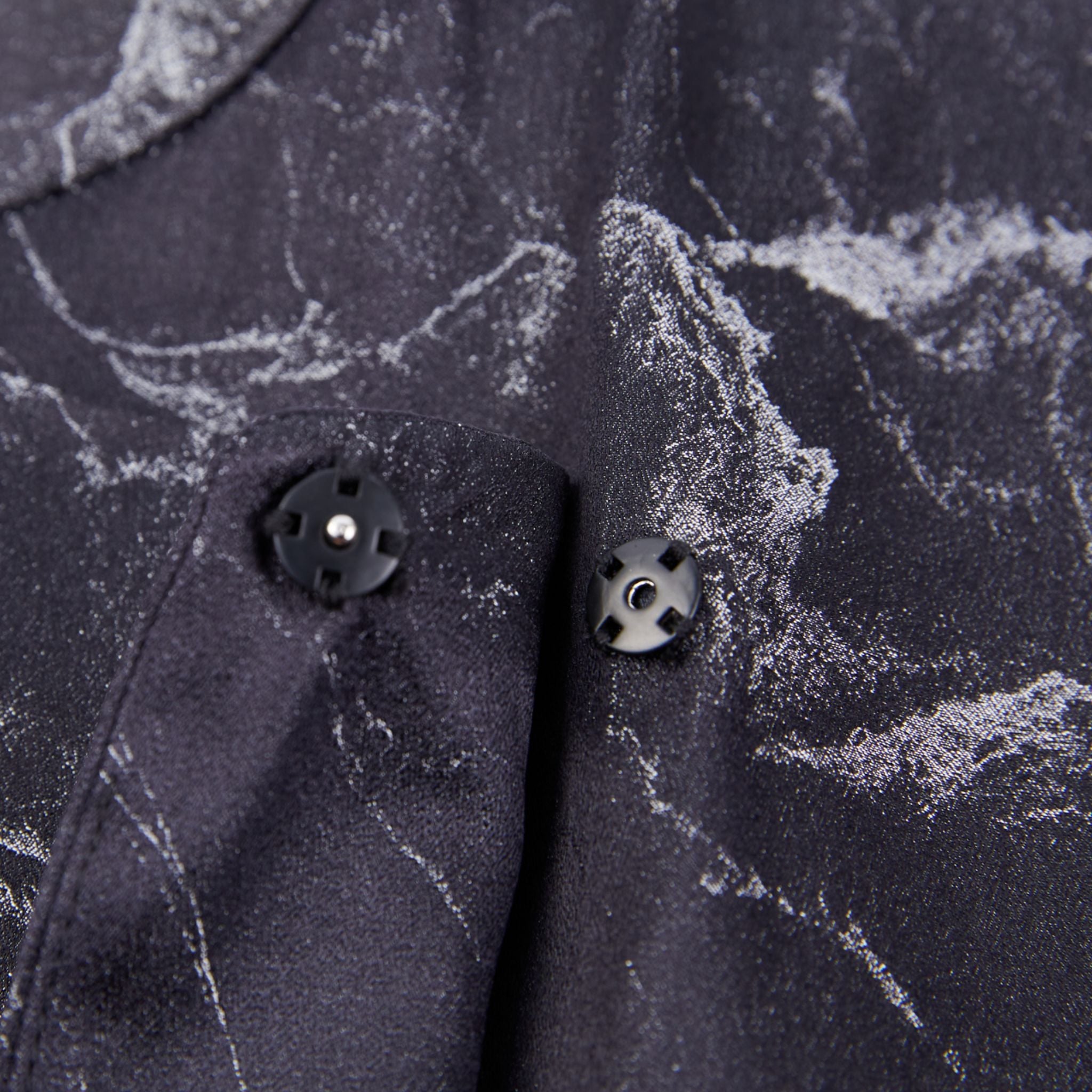 closeup of the button on a black silk jacket