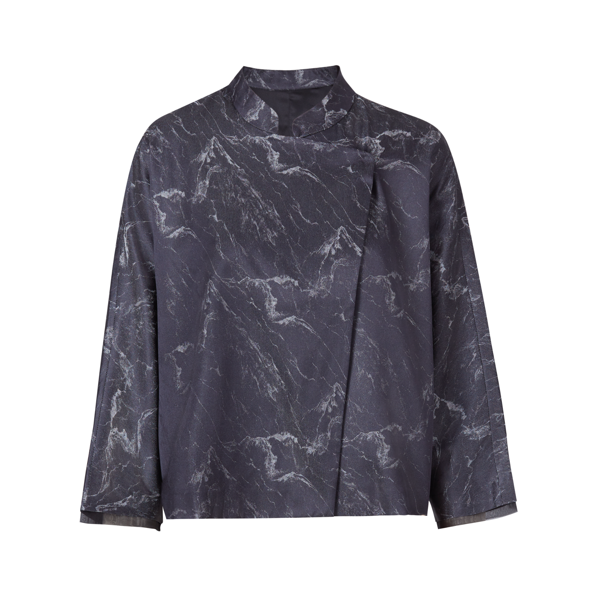 front view of a black silk jacket