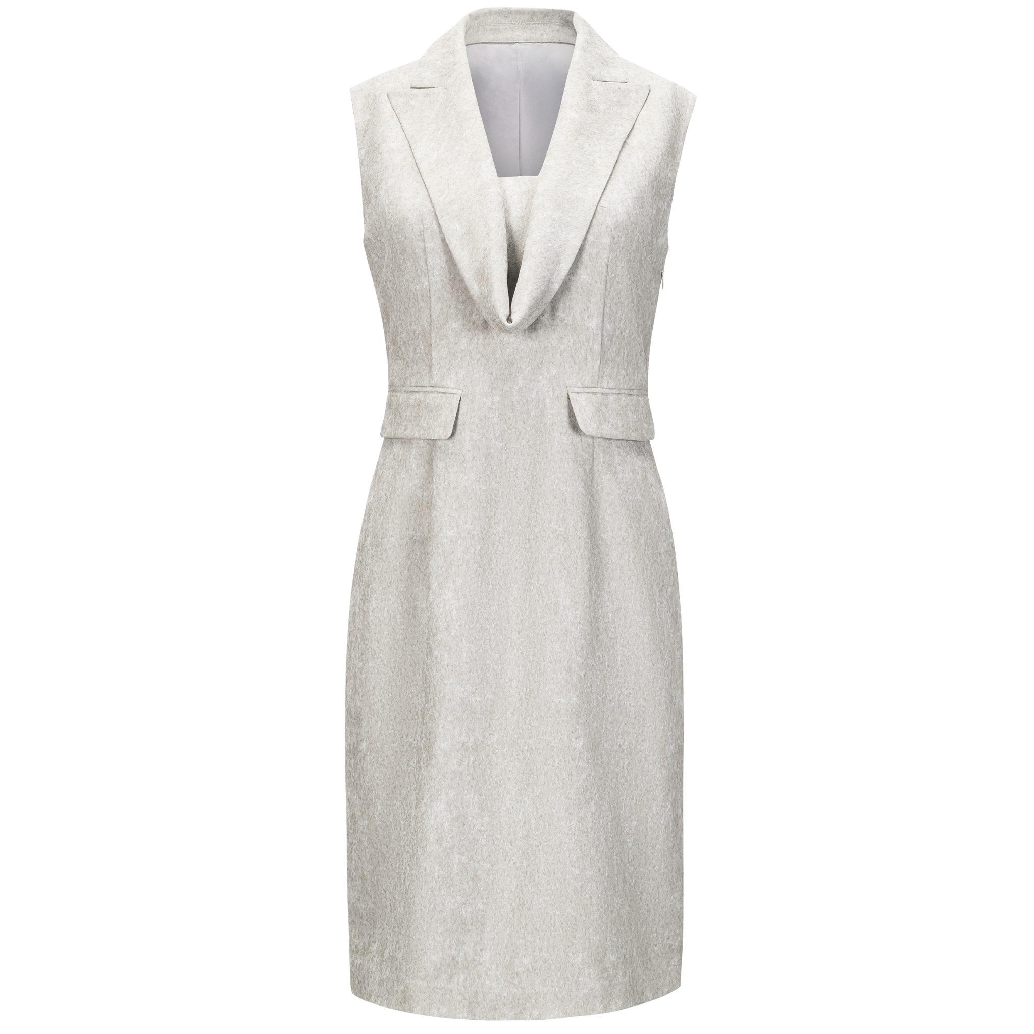 front of a grey sleeveless sheath dress