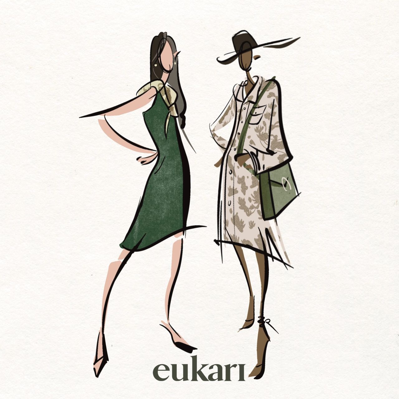 sketch of two women wearing green dresses