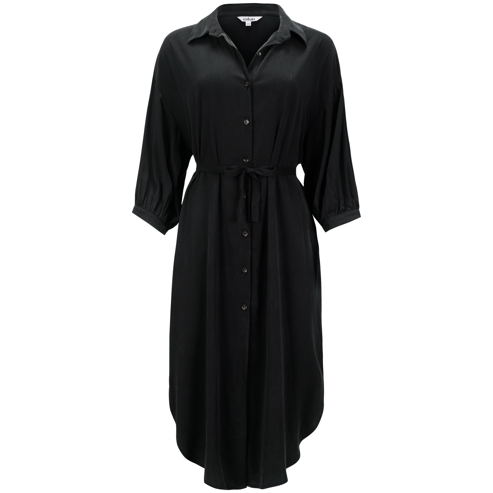 front view of a black puff sleeve shirt dress