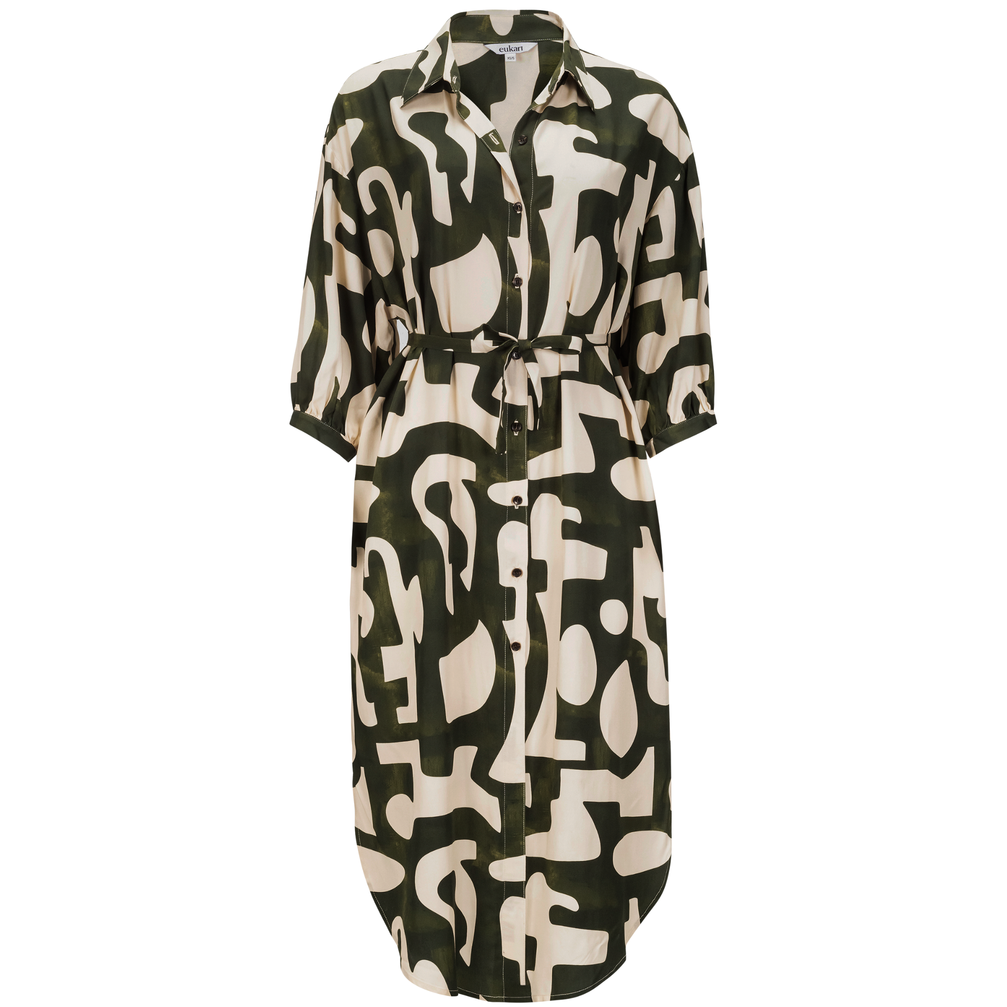 front view of a green printed puff sleeve shirt dress