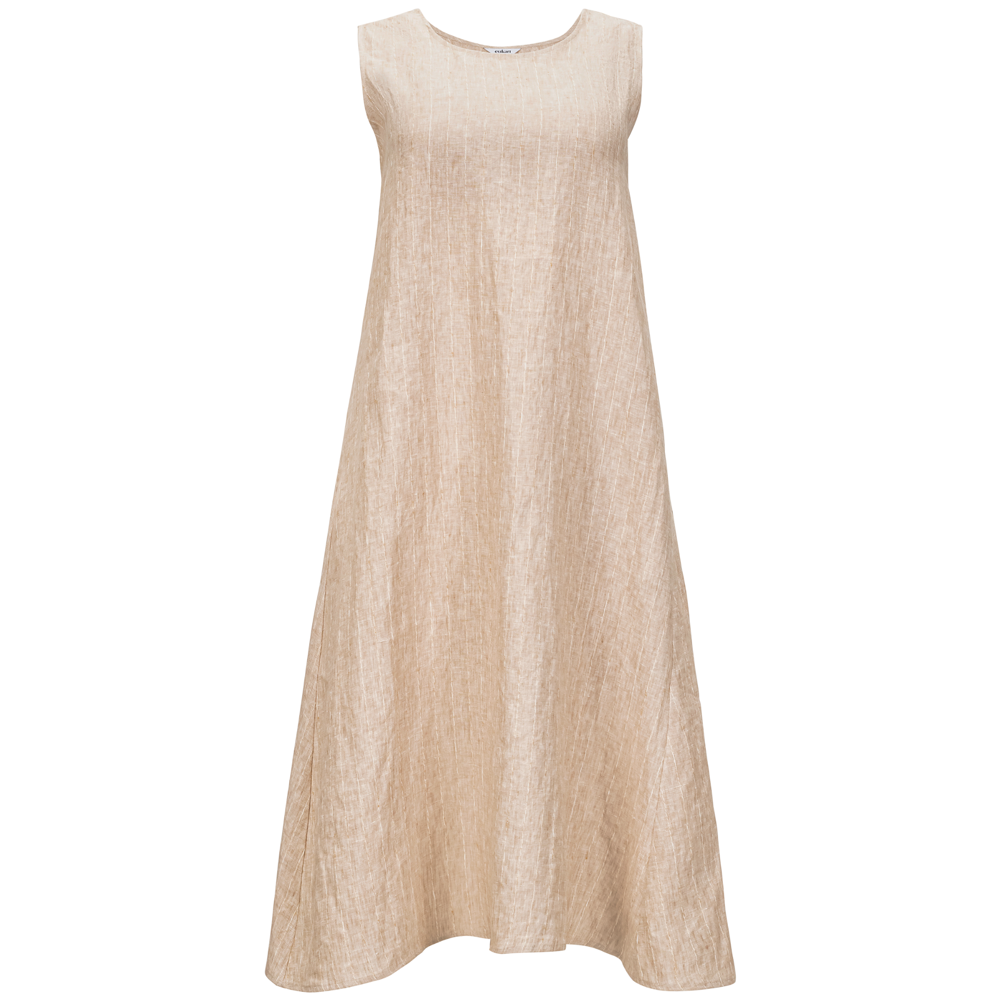 front view of a beige sleeveless midi dress