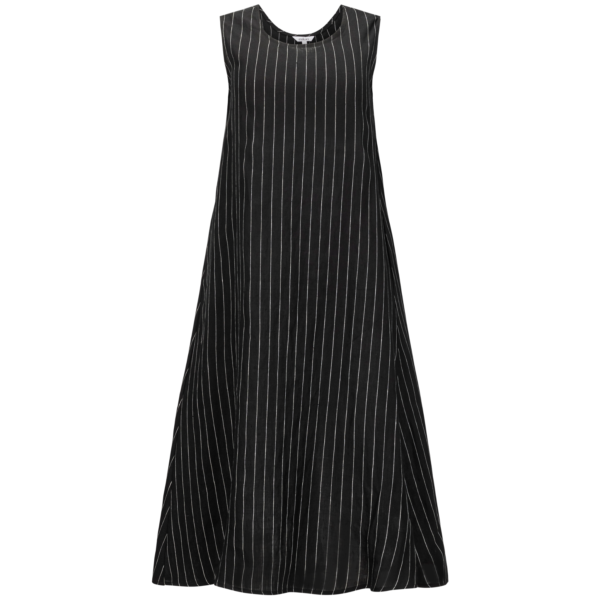 front view of a black sleeveless midi dress