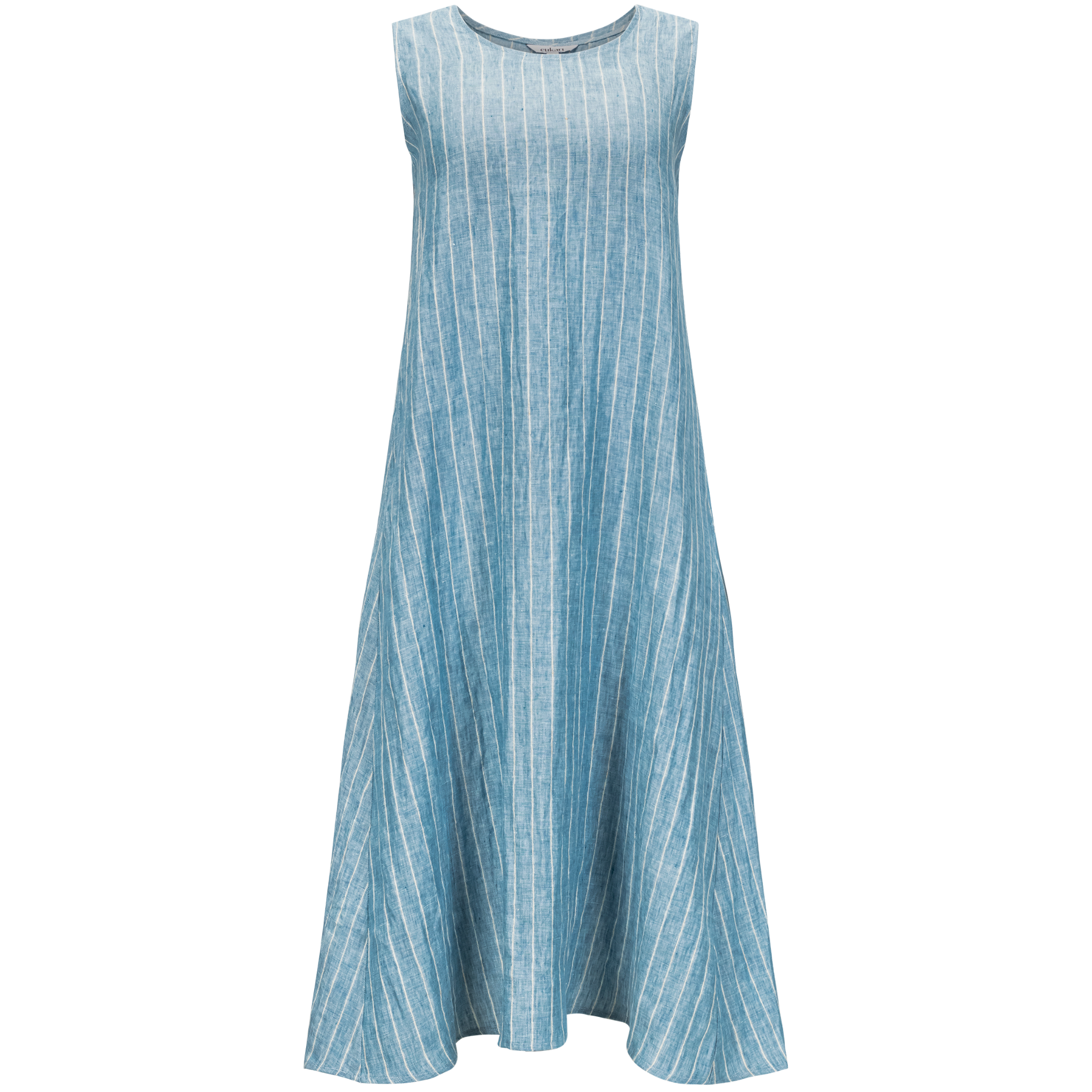 front view of a blue sleeveless midi dress