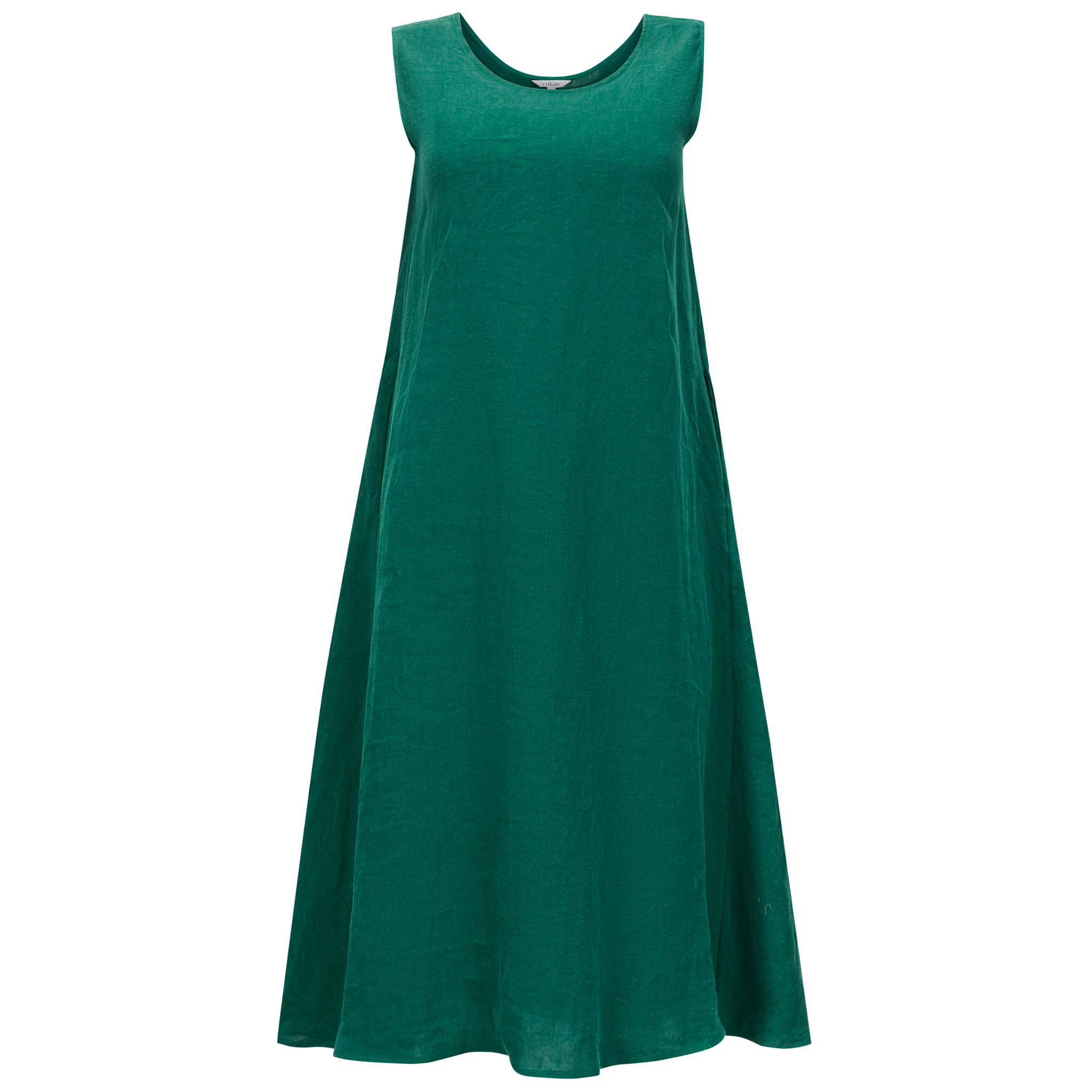 front view of an emerald sleeveless midi dress