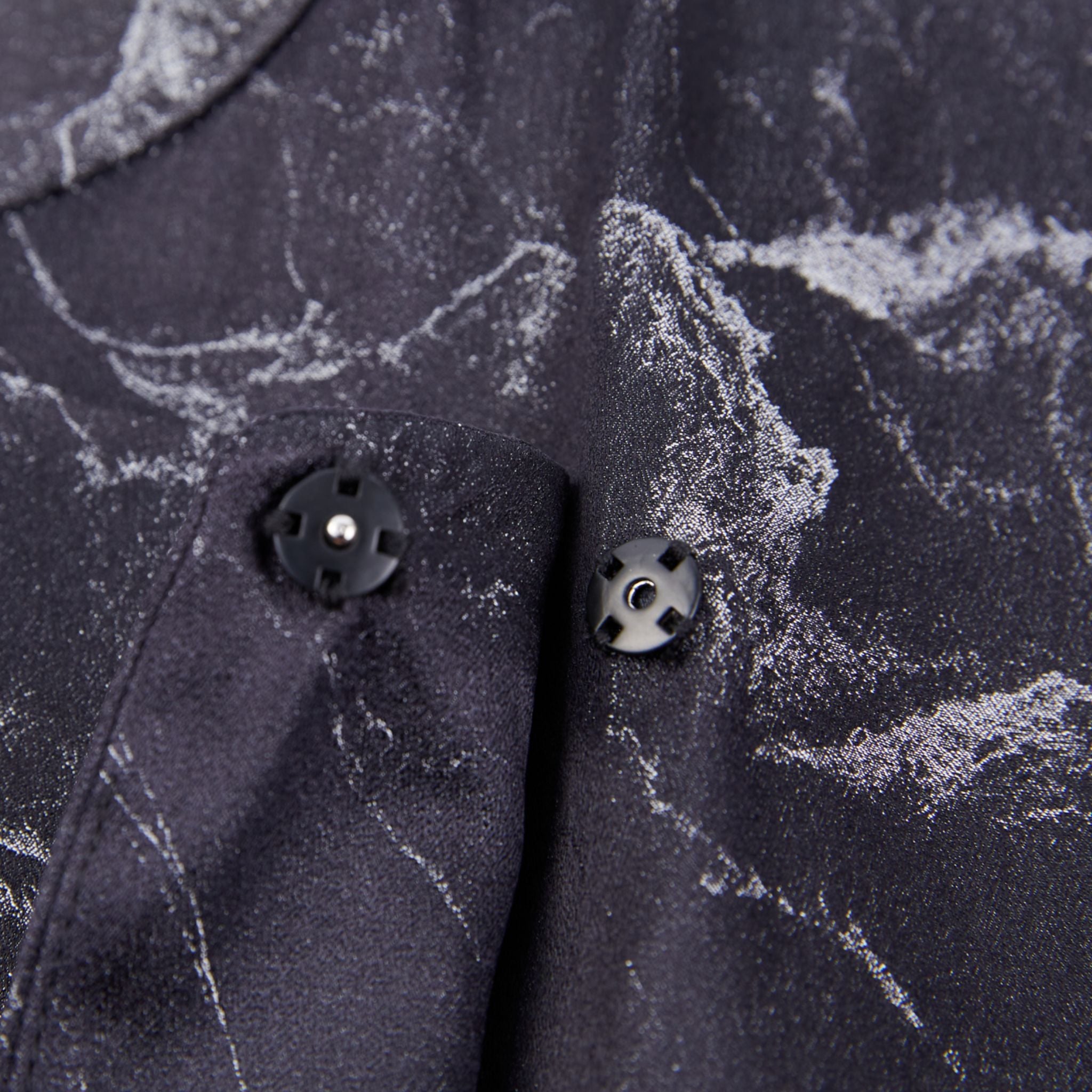  closeup of the button on a black silk jacket