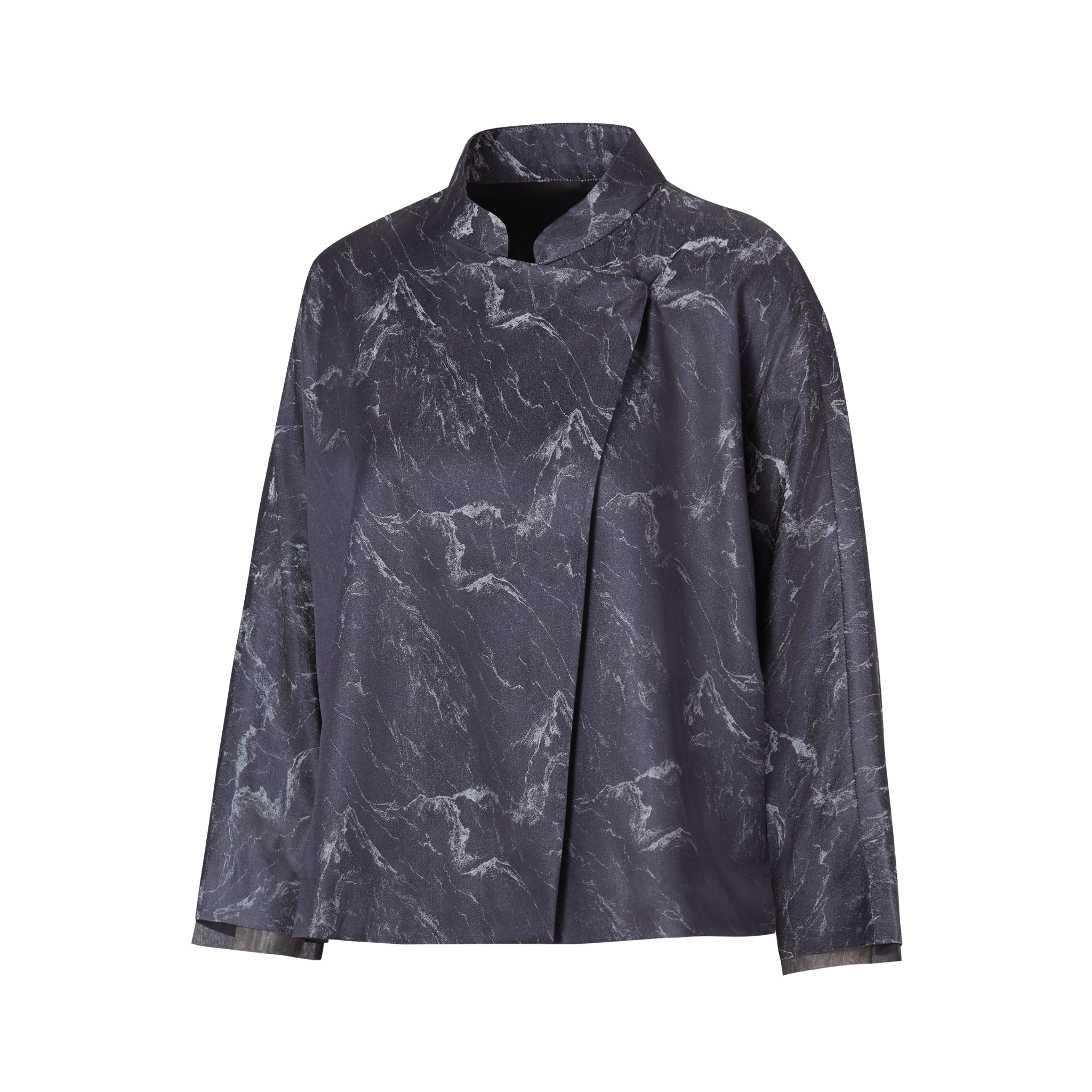 side view of a black silk jacket