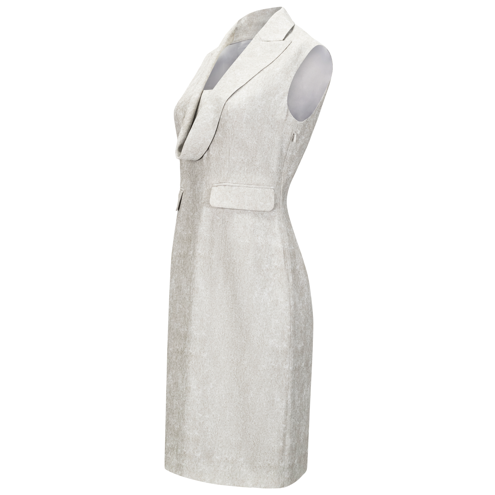 side of a grey sleeveless sheath dress
